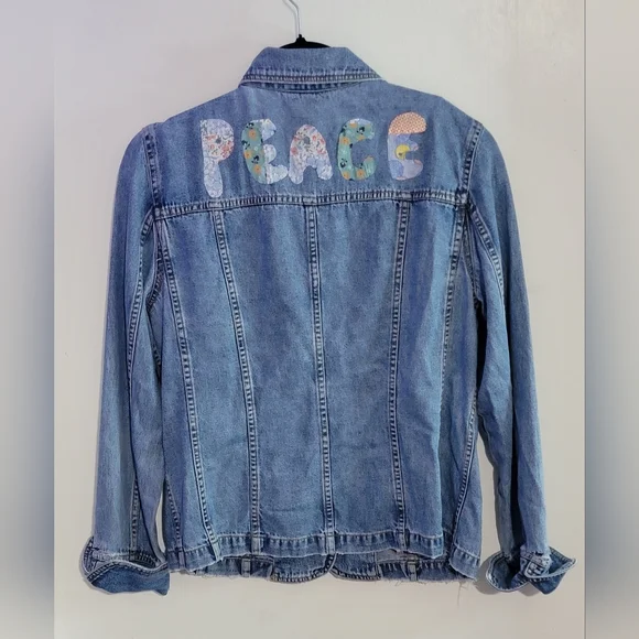 Upcyled Peace Applique Distressed Jean Jacket - Picture 12 of 15
